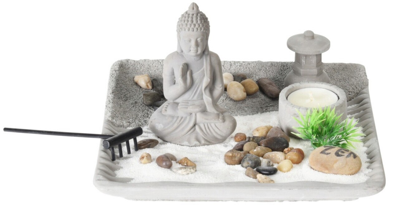 Suport pentru lumanare Buddha zen garden, 20.7x20.7x12.5 cm, ciment, gri - imagine 3